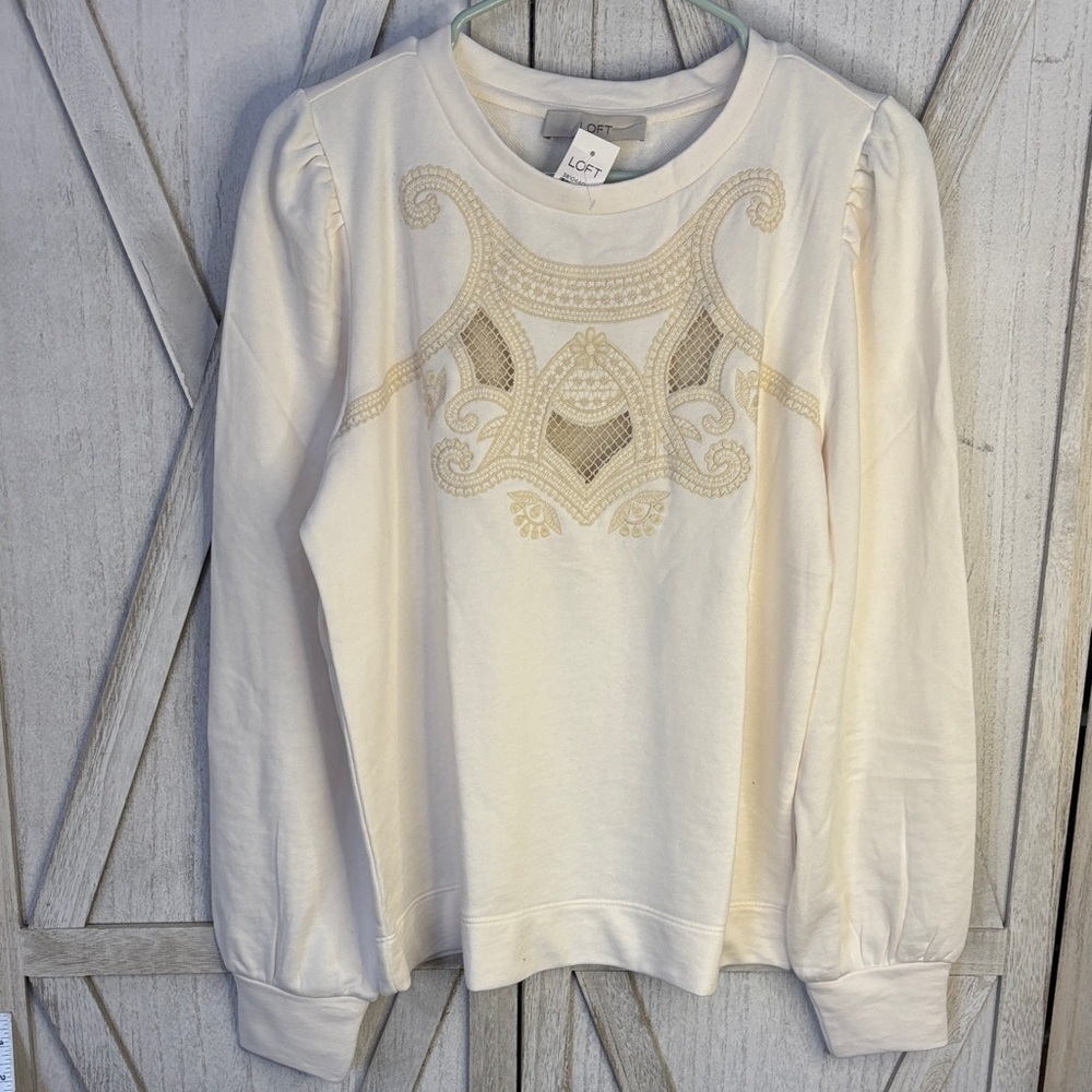 Loft Mosaic Cutout Sweatshirt Cream Embroidered Women's Top Medium NWT